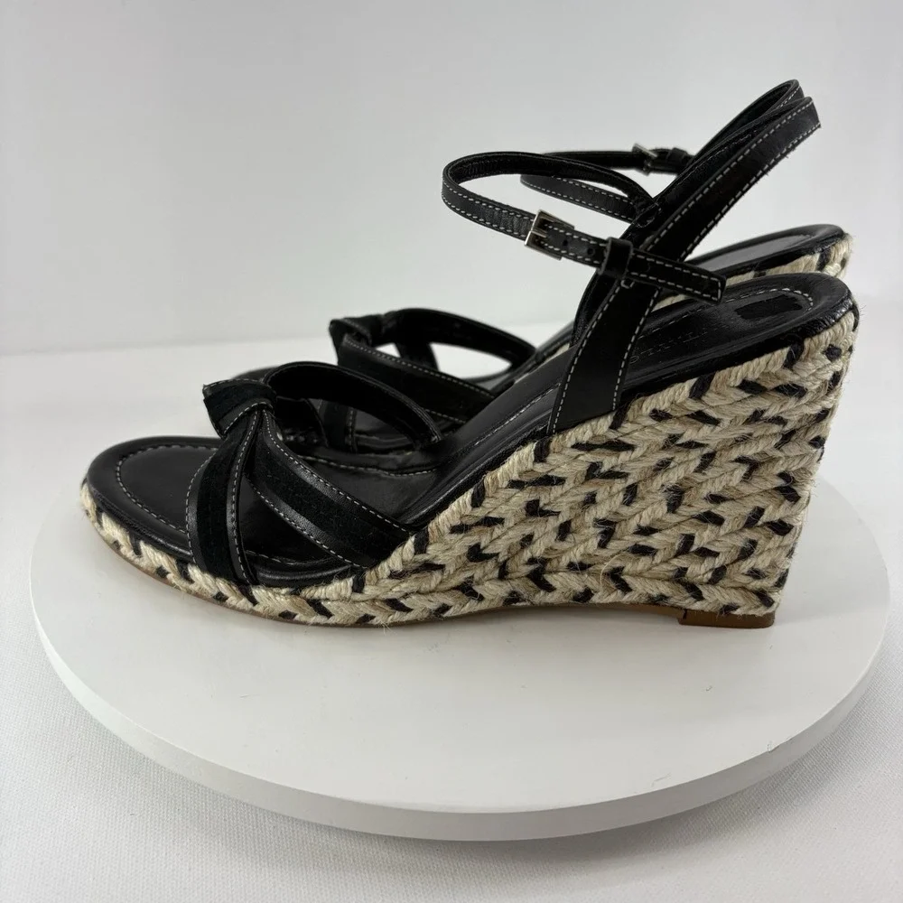Ann Taylor Black Gold Espadrille Wedge Sandals Women's Size‎ 9